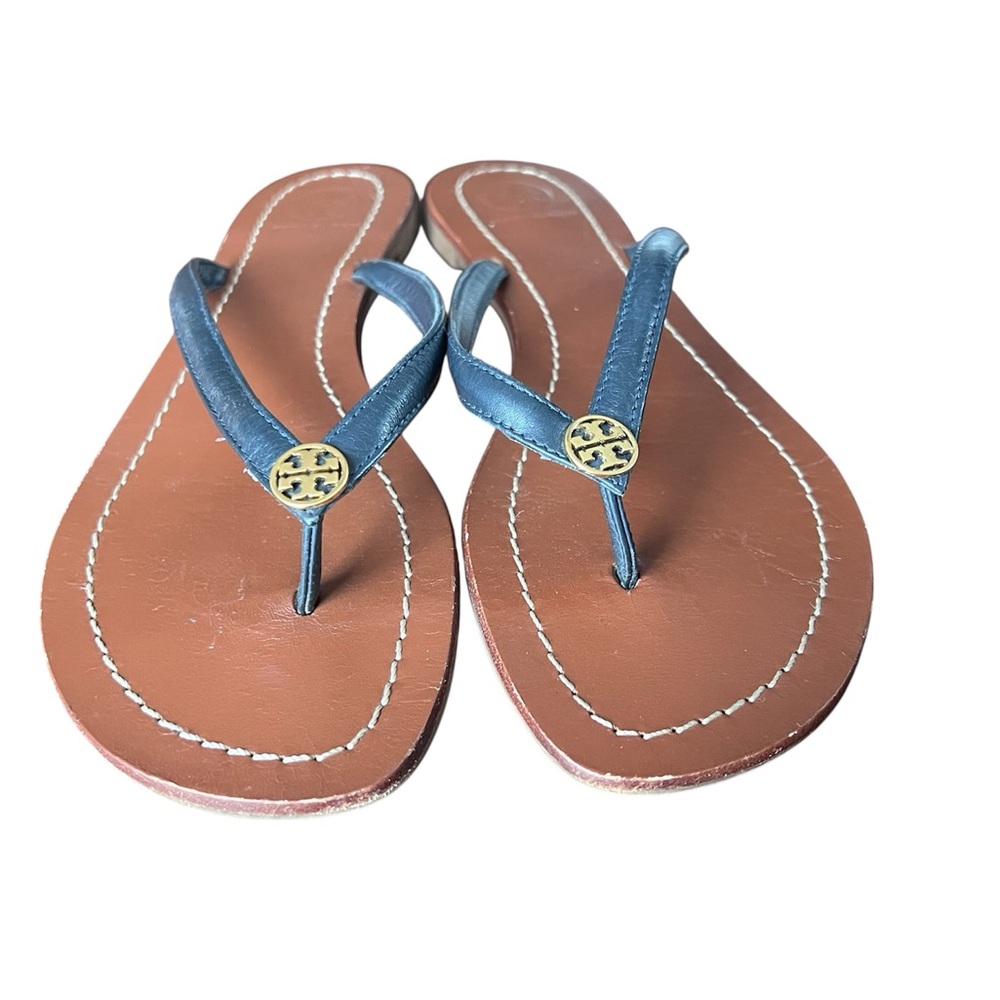 Tory Burch Terra  Black and Brown Leather Thong Sandals with Gold Logo Accent 8 - Picture 5 of 6